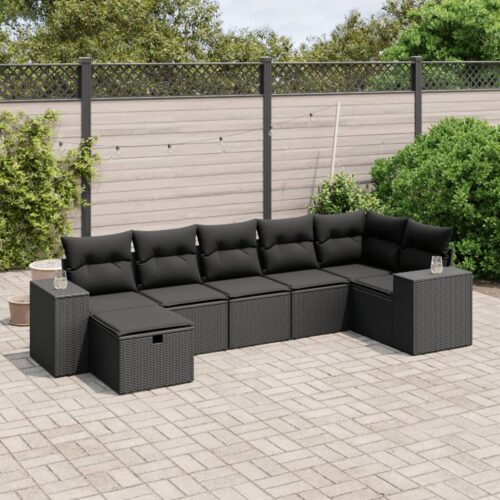 7-Piece Garden Sofa Set with Cushions Black Poly Rattan Wicker Outdoor Patio Furniture - Image 2