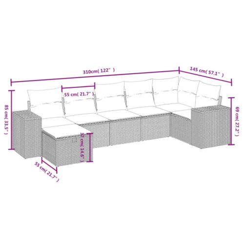 7-Piece Garden Sofa Set with Cushions Black Poly Rattan Wicker Outdoor Patio Furniture - Image 3