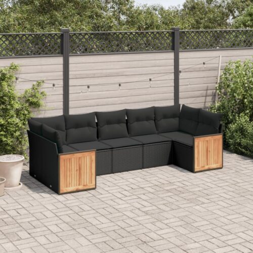 7-Piece Garden Sofa Set with Cushions Black Poly Rattan Wicker Outdoor Patio Furniture - Image 2