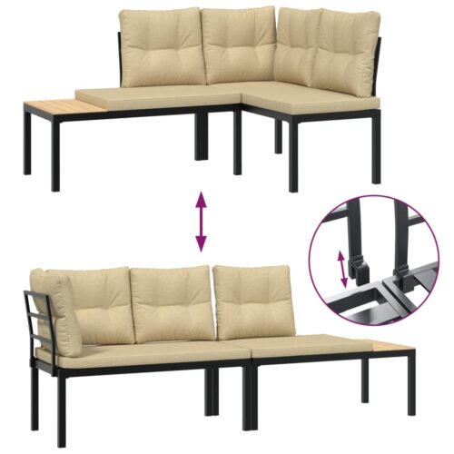 Garden Bench Set with Cushions 3pcs Black Powder-coated Steel Outdoor Patio Furniture - Image 4
