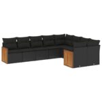 9-Piece Garden Sofa Set with Cushions Black Poly Rattan Wicker Outdoor Patio Furniture