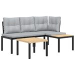 Garden Bench Set with Cushions 3pcs Black Powder-coated Steel Outdoor Patio Furniture