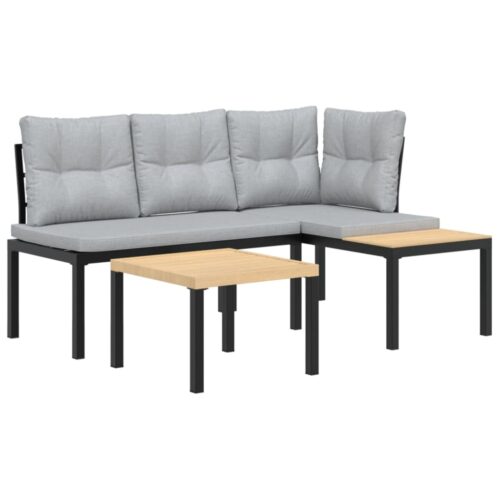 Garden Bench Set with Cushions 3pcs Black Powder-coated Steel Outdoor Patio Furniture