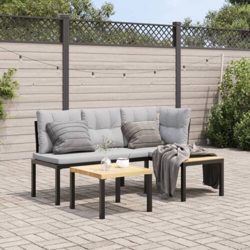 Garden Bench Set with Cushions 3pcs Black Powder-coated Steel Outdoor Patio Furniture - Image 2