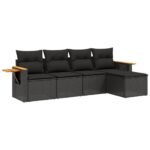 5-Piece Garden Sofa Set with Cushions Black Poly Rattan Wicker Outdoor Patio Furniture