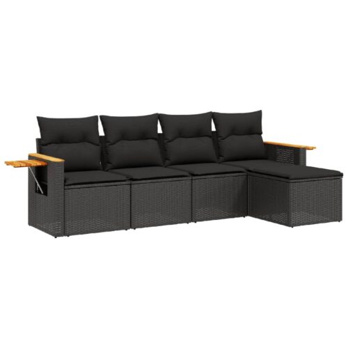 5-Piece Garden Sofa Set with Cushions Black Poly Rattan Wicker Outdoor Patio Furniture