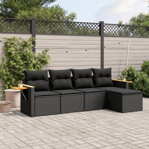5-Piece Garden Sofa Set with Cushions Black Poly Rattan Wicker Outdoor Patio Furniture - Image 2