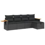 5-Piece Garden Sofa Set with Cushions Black Poly Rattan Wicker Outdoor Patio Furniture