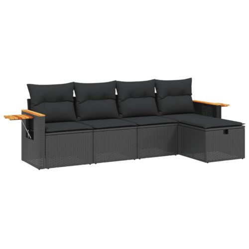 5-Piece Garden Sofa Set with Cushions Black Poly Rattan Wicker Outdoor Patio Furniture