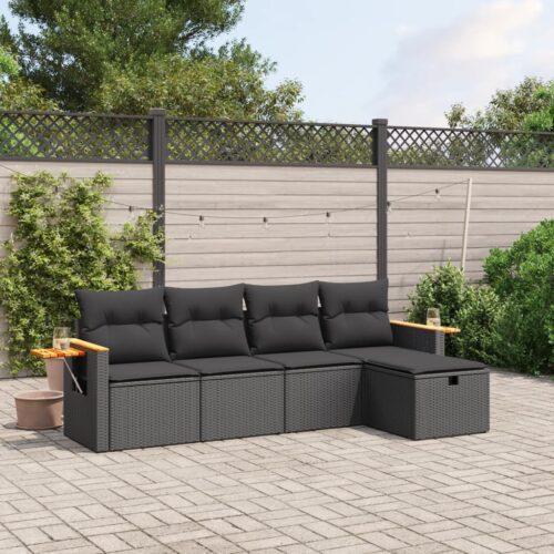 5-Piece Garden Sofa Set with Cushions Black Poly Rattan Wicker Outdoor Patio Furniture - Image 2