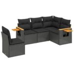 5-Piece Garden Sofa Set with Cushions Black Poly Rattan Wicker Outdoor Patio Furniture