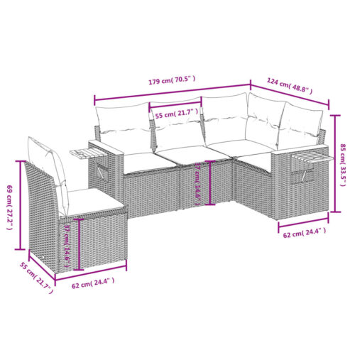 5-Piece Garden Sofa Set with Cushions Black Poly Rattan Wicker Outdoor Patio Furniture - Image 8