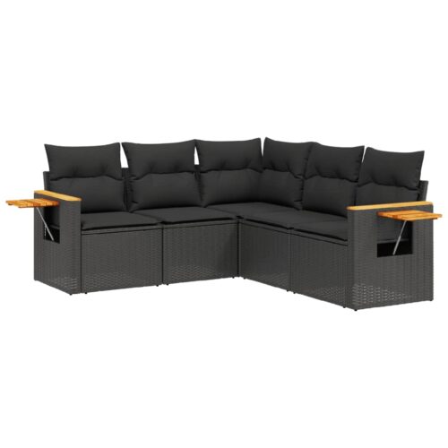 5-Piece Garden Sofa Set with Cushions Black Poly Rattan Wicker Outdoor Patio Furniture