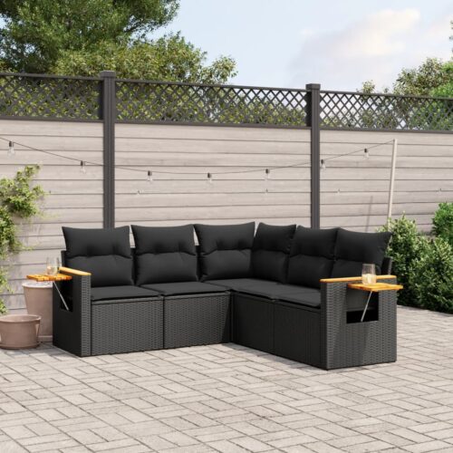 5-Piece Garden Sofa Set with Cushions Black Poly Rattan Wicker Outdoor Patio Furniture - Image 2
