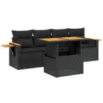 5-Piece Garden Sofa Set with Cushions Black Poly Rattan Wicker Outdoor Patio Furniture