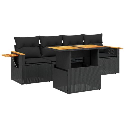 5-Piece Garden Sofa Set with Cushions Black Poly Rattan Wicker Outdoor Patio Furniture