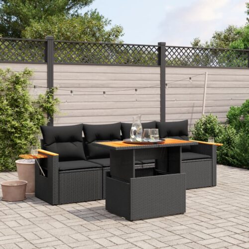 5-Piece Garden Sofa Set with Cushions Black Poly Rattan Wicker Outdoor Patio Furniture - Image 2