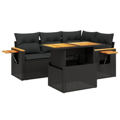 5-Piece Garden Sofa Set with Cushions Black Poly Rattan Wicker Outdoor Patio Furniture