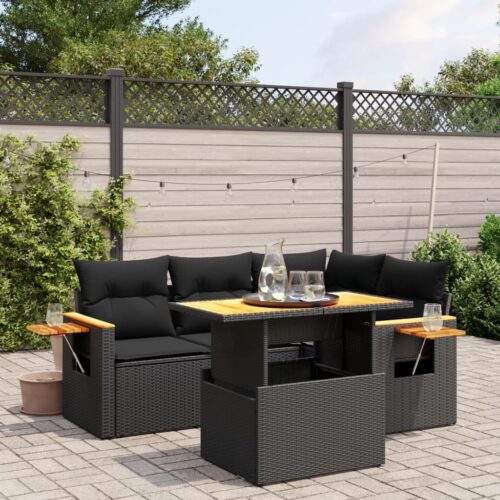 5-Piece Garden Sofa Set with Cushions Black Poly Rattan Wicker Outdoor Patio Furniture - Image 2
