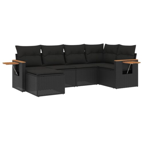6-Piece Garden Sofa Set with Cushions Black Poly Rattan Wicker Outdoor Patio Furniture