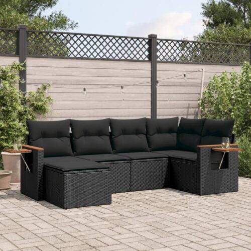 6-Piece Garden Sofa Set with Cushions Black Poly Rattan Wicker Outdoor Patio Furniture - Image 2
