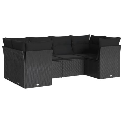 6-Piece Garden Sofa Set with Cushions Black Poly Rattan Wicker Outdoor Patio Furniture
