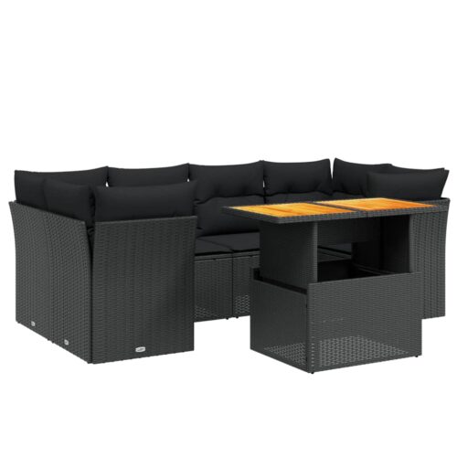 7-Piece Garden Sofa Set with Cushions Black Poly Rattan Wicker Outdoor Patio Furniture