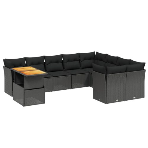 10-Piece Garden Sofa Set with Cushions Black Poly Rattan Wicker Outdoor Patio Furniture