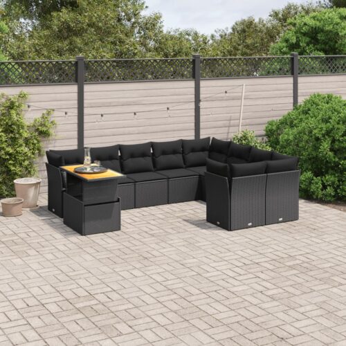 10-Piece Garden Sofa Set with Cushions Black Poly Rattan Wicker Outdoor Patio Furniture - Image 3