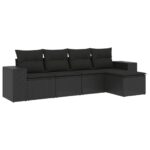 5-Piece Garden Sofa Set with Cushions Black Poly Rattan Wicker Outdoor Patio Furniture