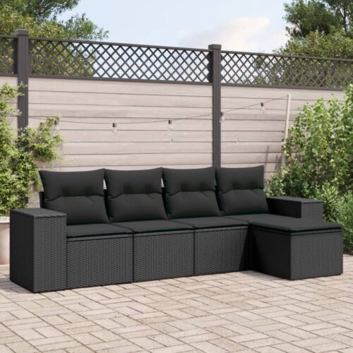 5-Piece Garden Sofa Set with Cushions Black Poly Rattan Wicker Outdoor Patio Furniture - Image 2