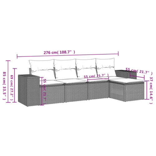 5-Piece Garden Sofa Set with Cushions Black Poly Rattan Wicker Outdoor Patio Furniture - Image 3