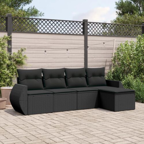 5-Piece Garden Sofa Set with Cushions Black Poly Rattan Wicker Outdoor Patio Furniture - Image 2