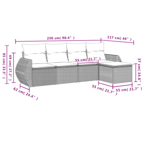 5-Piece Garden Sofa Set with Cushions Black Poly Rattan Wicker Outdoor Patio Furniture - Image 3