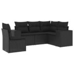5-Piece Garden Sofa Set with Cushions Black Poly Rattan Wicker Outdoor Patio Furniture