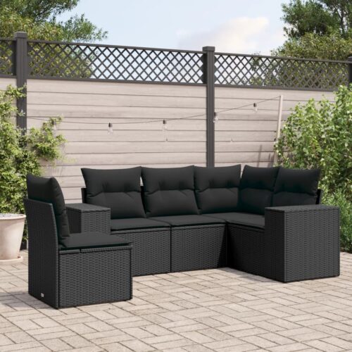5-Piece Garden Sofa Set with Cushions Black Poly Rattan Wicker Outdoor Patio Furniture - Image 2