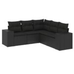 5-Piece Garden Sofa Set with Cushions Black Poly Rattan Wicker Outdoor Patio Furniture