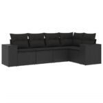 5-Piece Garden Sofa Set with Cushions Black Poly Rattan Wicker Outdoor Patio Furniture