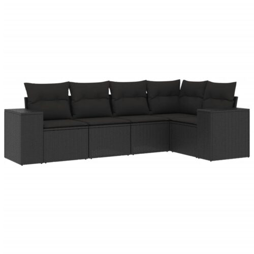 5-Piece Garden Sofa Set with Cushions Black Poly Rattan Wicker Outdoor Patio Furniture