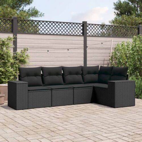 5-Piece Garden Sofa Set with Cushions Black Poly Rattan Wicker Outdoor Patio Furniture - Image 2