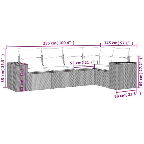 5-Piece Garden Sofa Set with Cushions Black Poly Rattan Wicker Outdoor Patio Furniture - Image 3