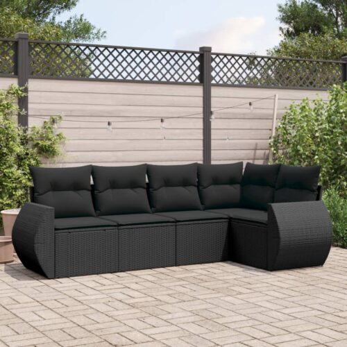 5-Piece Garden Sofa Set with Cushions Black Poly Rattan Wicker Outdoor Patio Furniture - Image 2