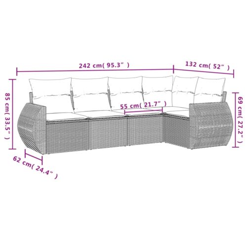5-Piece Garden Sofa Set with Cushions Black Poly Rattan Wicker Outdoor Patio Furniture - Image 3