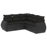 5-Piece Garden Sofa Set with Cushions Black Poly Rattan Wicker Outdoor Patio Furniture