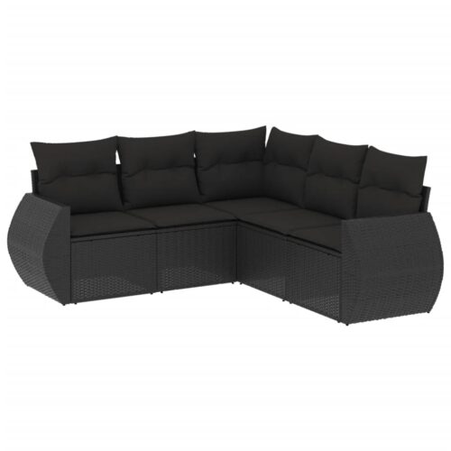 5-Piece Garden Sofa Set with Cushions Black Poly Rattan Wicker Outdoor Patio Furniture