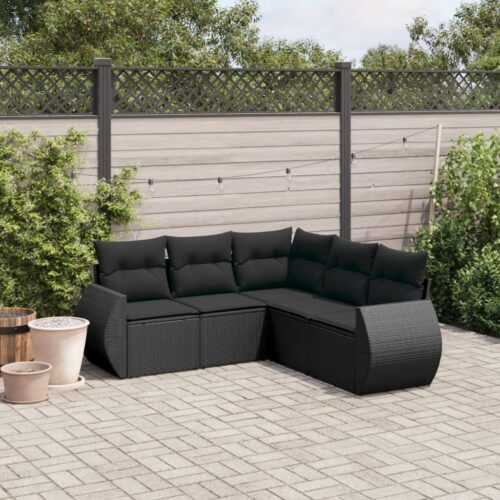 5-Piece Garden Sofa Set with Cushions Black Poly Rattan Wicker Outdoor Patio Furniture - Image 2