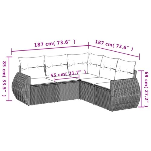 5-Piece Garden Sofa Set with Cushions Black Poly Rattan Wicker Outdoor Patio Furniture - Image 3