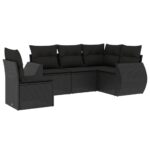 5-Piece Garden Sofa Set with Cushions Black Poly Rattan Wicker Outdoor Patio Furniture