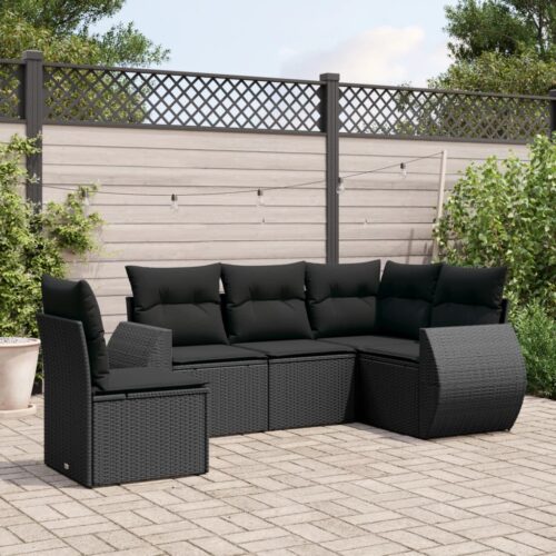 5-Piece Garden Sofa Set with Cushions Black Poly Rattan Wicker Outdoor Patio Furniture - Image 2