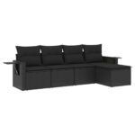 5-Piece Garden Sofa Set with Cushions Black Poly Rattan Wicker Outdoor Patio Furniture